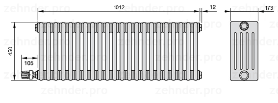 Схема (чертеж) Радиатор Zehnder Charleston 5045/22 №V004 Белый глянцевый RAL 9016